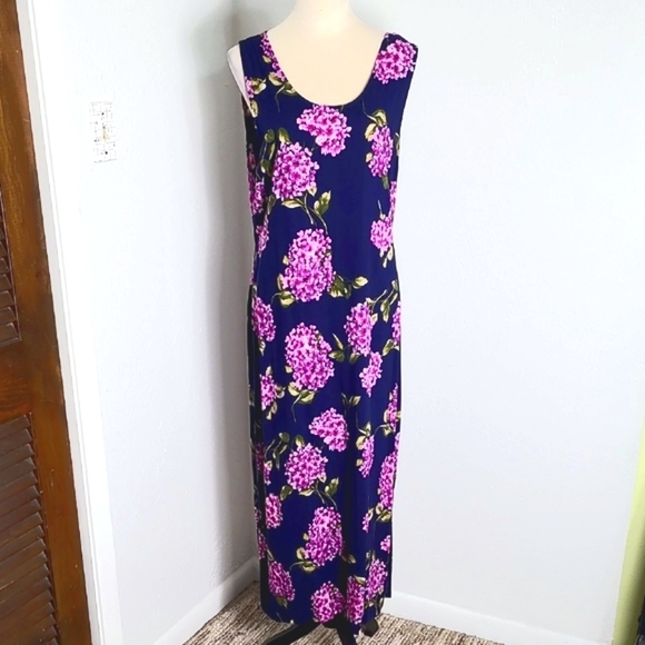 Expressions Sleeveless Maxi- Dress, Navy with Purple Flowers, Size 18 - Picture 2 of 9